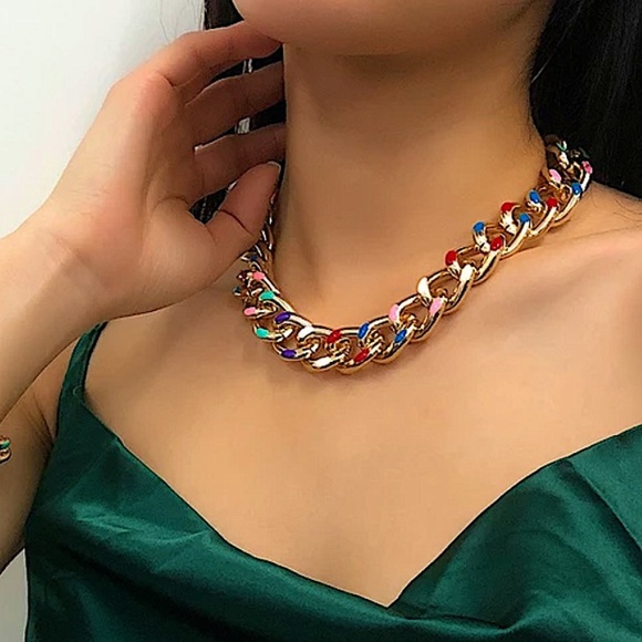 Color Block Gold Plated Chain Link Necklace - Picture 3 of 12